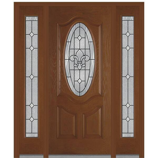 MMI Door 60 in. x 80 in. Carrollton Left-Hand Oval Lite Decorative Stained Fiberglass Oak Prehung Front Door with Sidelites
