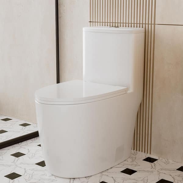 PT9016 One Piece 12 inch Rough Toilet 1.28 GPF Single Flush Elongated Toilet in Soft Closing Seat Included in White