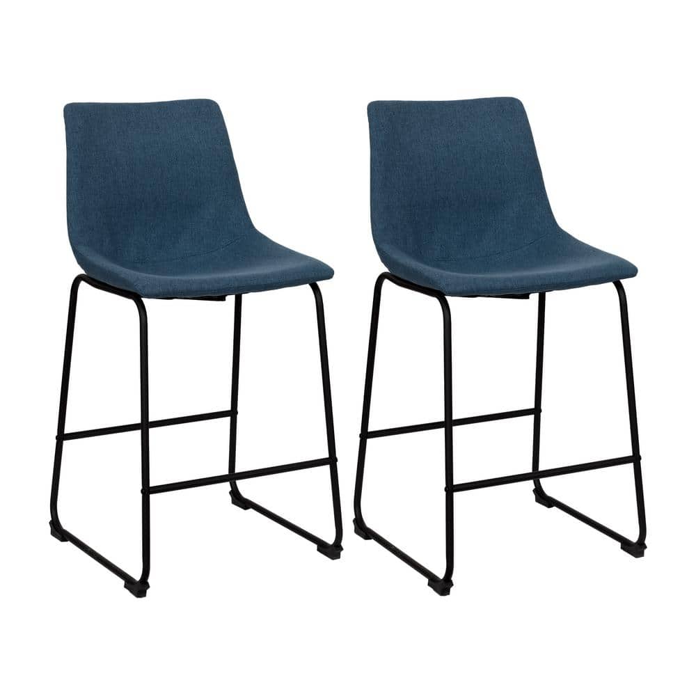 Set of 2 Blue Upholstered Counter Height Barstools with Metal Legs