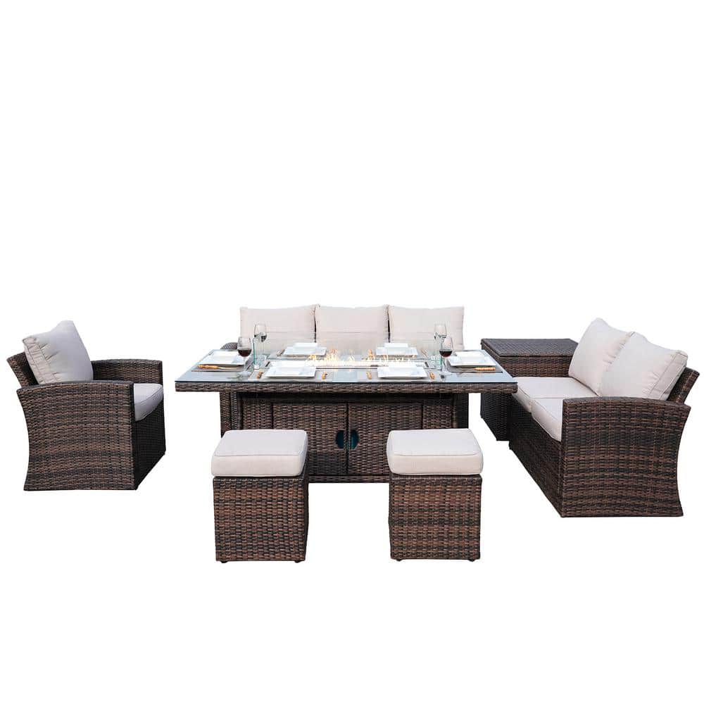 ELLE 7-Piece Wicker Patio Fire Pit Conversation Sofa Set with Beige Cushions and Firpits price history on PriceWatchPro