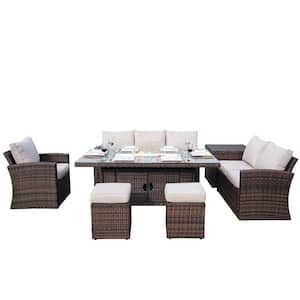 ELLE 7-Piece Wicker Patio Fire Pit Conversation Sofa Set with Beige Cushions and Firpits