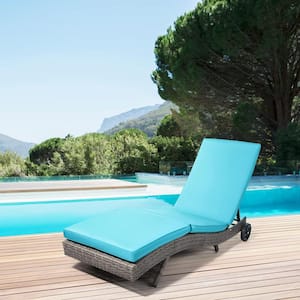 Patio Wicker Outdoor Chaise Lounge Chair with Blue Cushion and Adjustable Backrest Big Wheels