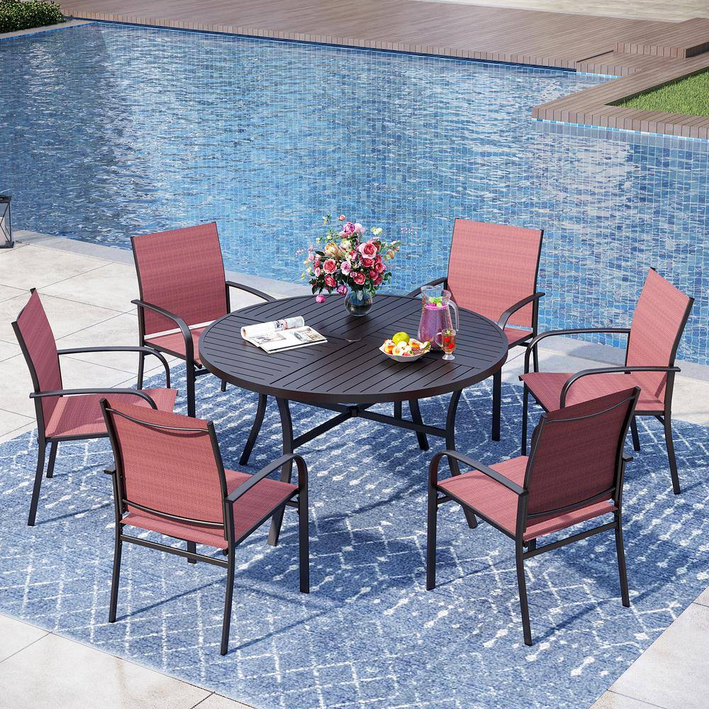 Black 7-Piece Metal Slat Round Table Outdoor Patio Dining Set with Red Textilene Chairs price history on PriceWatchPro