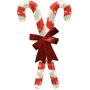 33.36 in. Tall White and Red Tinsel Candy Canes LED Yard Lights