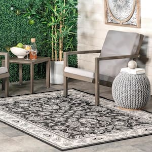 Keyla Transitional Floral Black 9 ft. 6 in. x 12 ft. Indoor/Outdoor Patio Area Rug