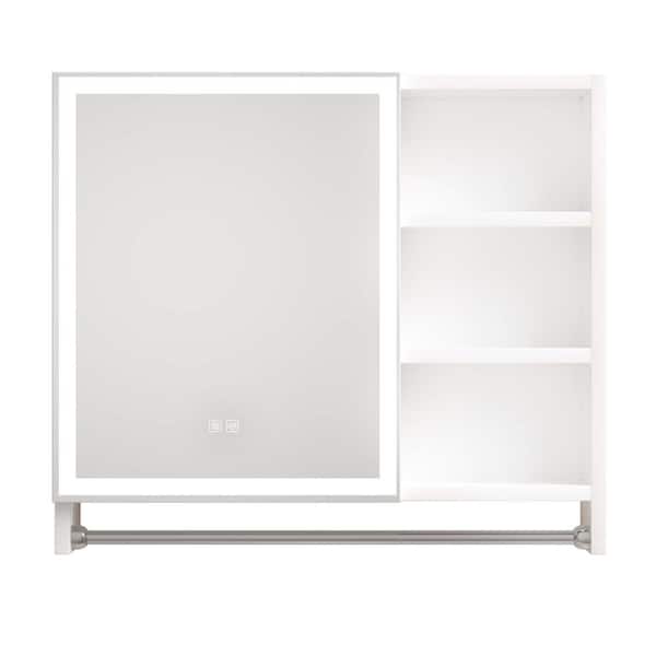 Lycvki 32 in. W x 28 in. H LED Rectangular Aluminum Medicine Cabinet with Mirror, Multilevel storage compartments, towel rails
