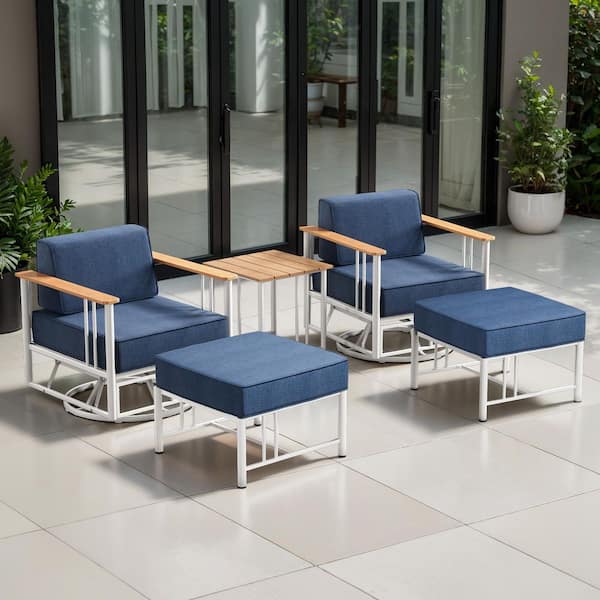 Puffin 5-Piece White Metal Swivel Gliders Patio Conversation Set with 6 in. Thick Navy Blue Cushions and Ottomans