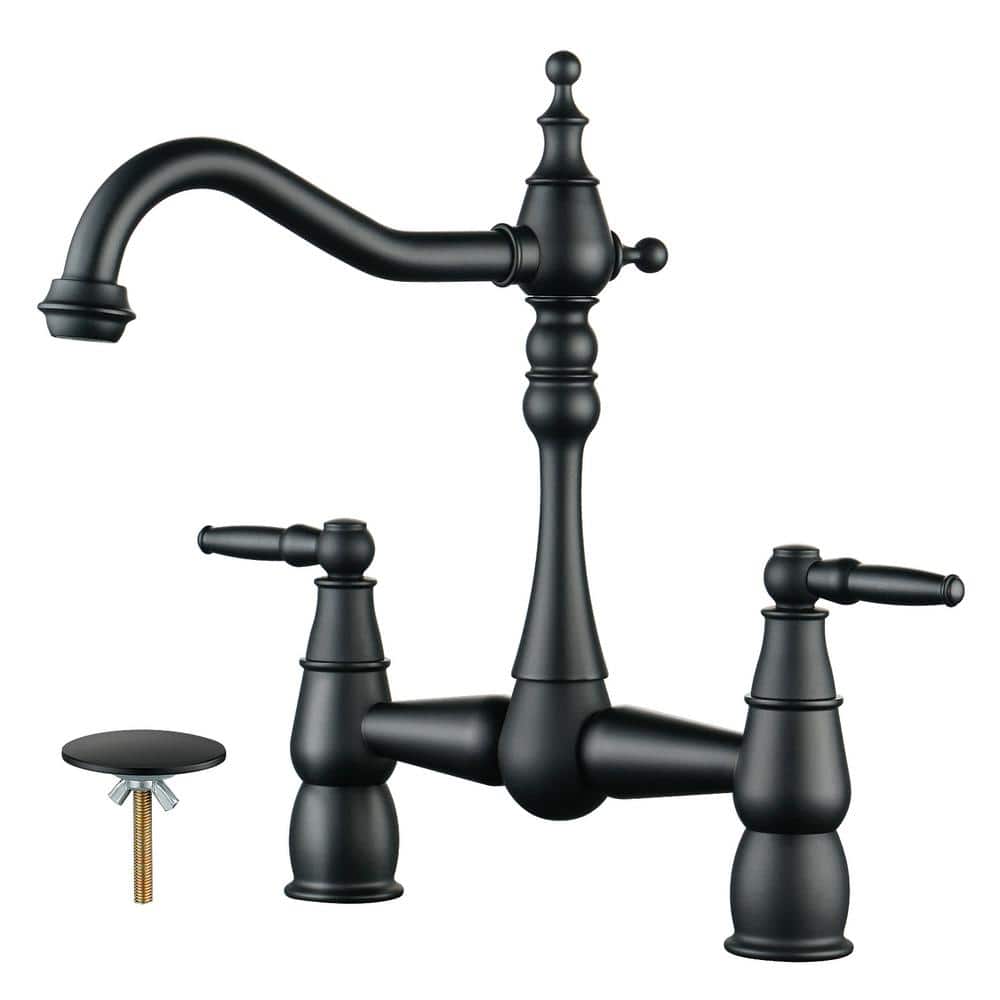 Matte Black Double Handle Bridge Kitchen Faucet with Swivel Spout