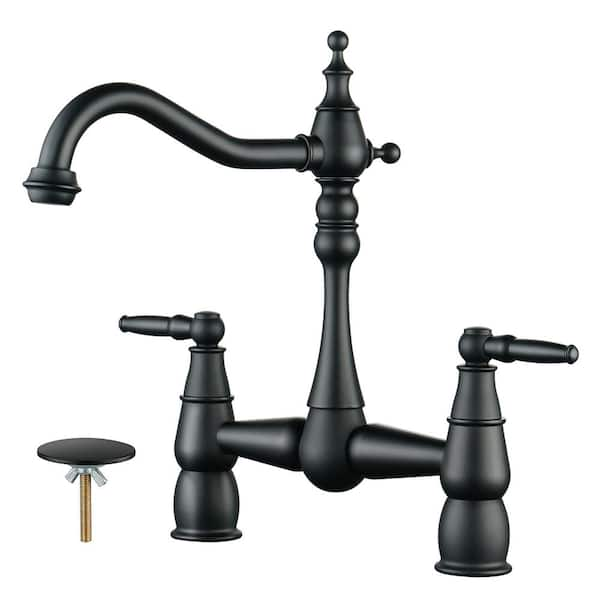 ALEASHA Double Handle Bridge Kitchen Faucet with Sink Hole Cover in Matte Black