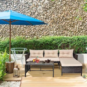 Gradient Brown Wicker PE Rattan Furniture Set, Outdoor Patio Loveseat Sofa Sectional with Khaki Cushions 3-Piece