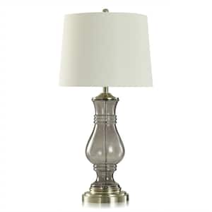 32 in. Smoke Grey, Light Brass, Off-White Gourd Task and Reading Table Lamp for Living Room with White Linen Shade