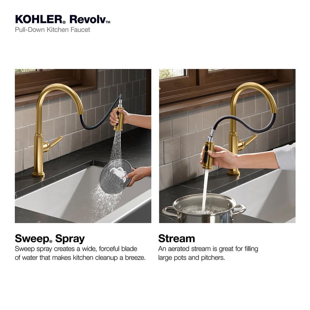 Revolv Single Handle Pull Down Sprayer Kitchen Faucet in Vibrant Brushed Moderne Brass