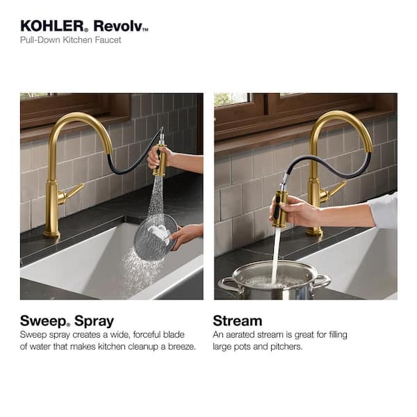 KOHLER Revolv Single Handle Pull Down Sprayer Kitchen Faucet in Vibrant Brushed Moderne Brass