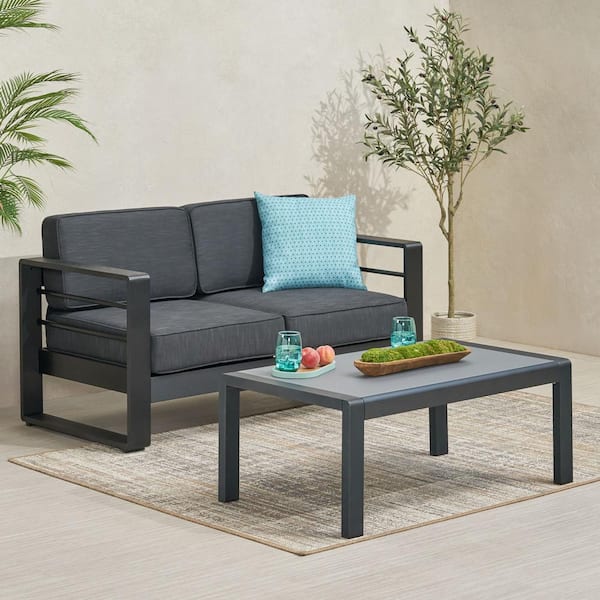 Noble House Maya Black 2-Piece Aluminum Outdoor Patio Conversation Set with Black Cushion