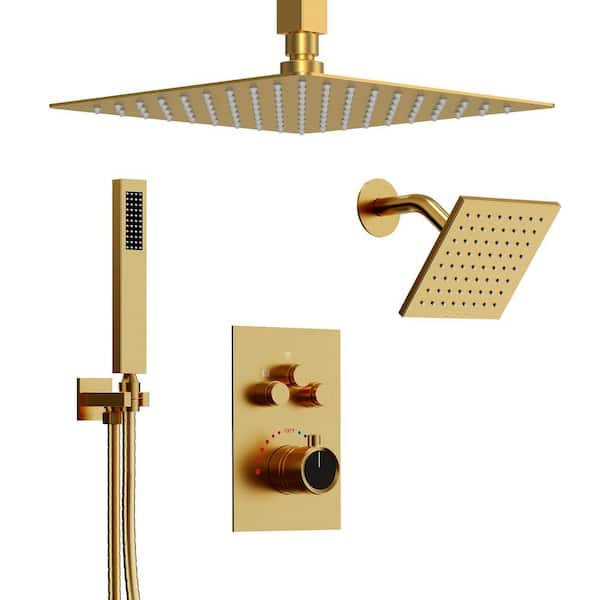 Multiple Press 7-Spray Ceiling Mount Anti Scald 12in. Dual Fixed and Handheld Shower Head in Brushed Gold Valve Included