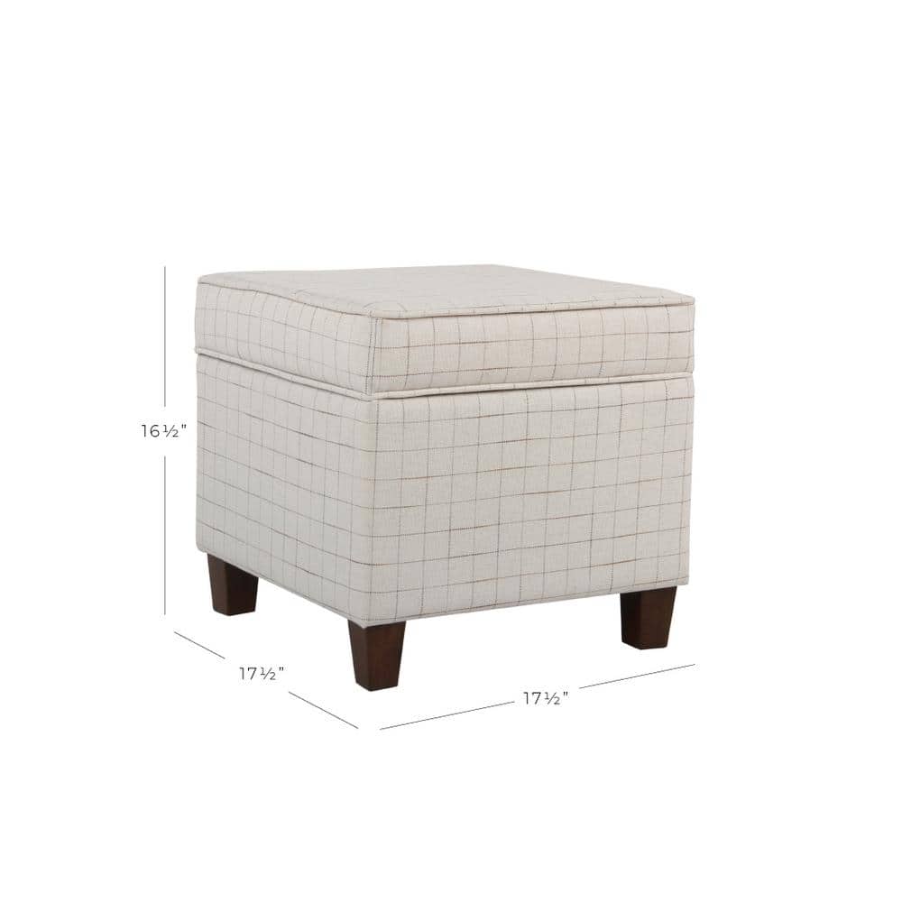 Grid-Patterned Beige and Brown Wooden Square Ottoman with Hidden Storage
