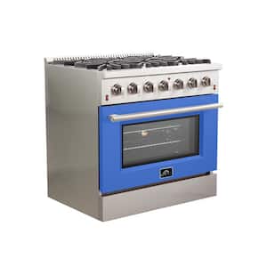 Galiano 36 in. 5.36 cu. Ft. Freestanding Gas Range with 6 Burners in. Stainless Steel with Blue Door