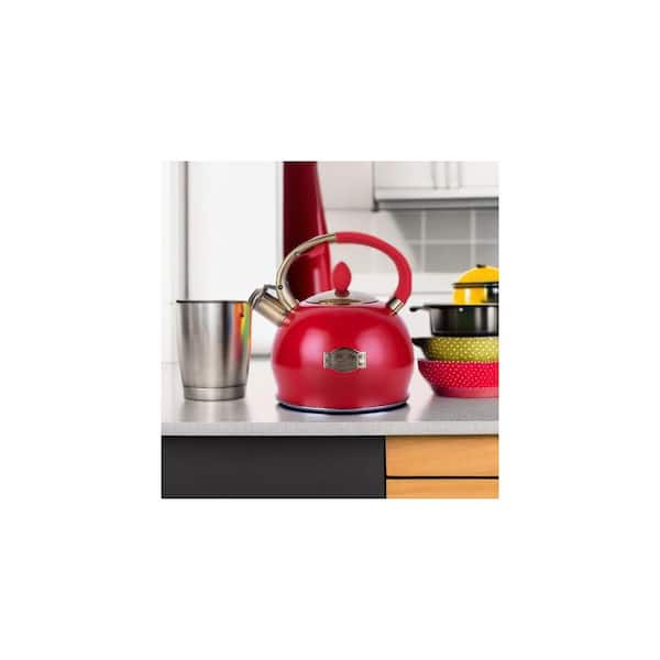 Wudkey 10-Cup Red Stove Top Whistling Tea Kettle, Food Grade Stainless Steel with Cool Touch Handle, Fast Boiling