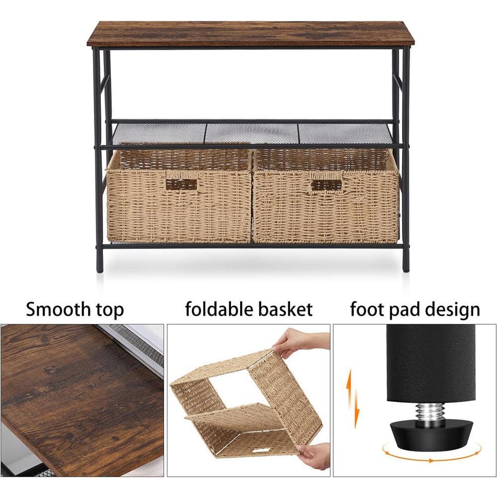VECELO 32.4" Industrial 3-Tier Console Table with 2 Straw Storage Baskets, Sofa Table with Mesh Shelf for Living Room, Stable Metal Frame for Living Room, Brown