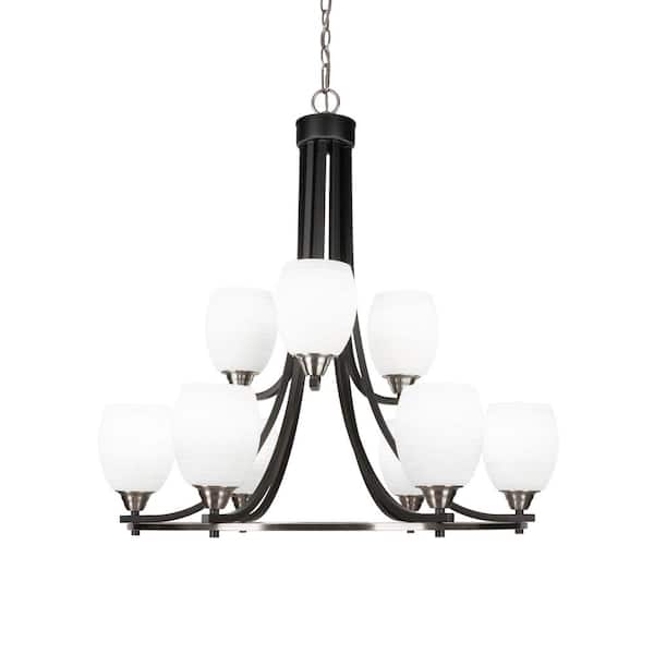 Unbranded Madison 9-Light Matte Black and Brushed Nickel Round Chandelier with 5 in. White Matrix Glass Shades, No bulbs included