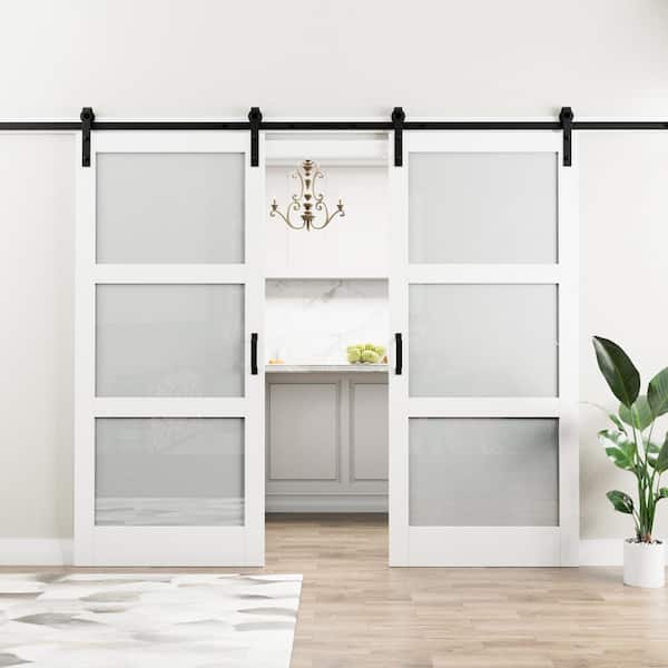 72 in. x 84 in. 3-Lite Frosted Glass White MDF Finished Double Sliding Barn Door Slab with Hardware and Soft Close