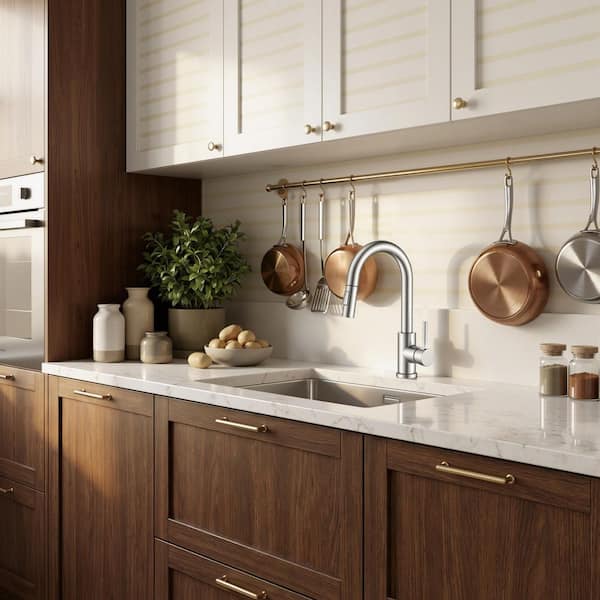 Single Handle Pull Down Sprayer Kitchen Faucetwith Deck Plate and Flexible Hose Pull Out Spout in Brushed Nickel