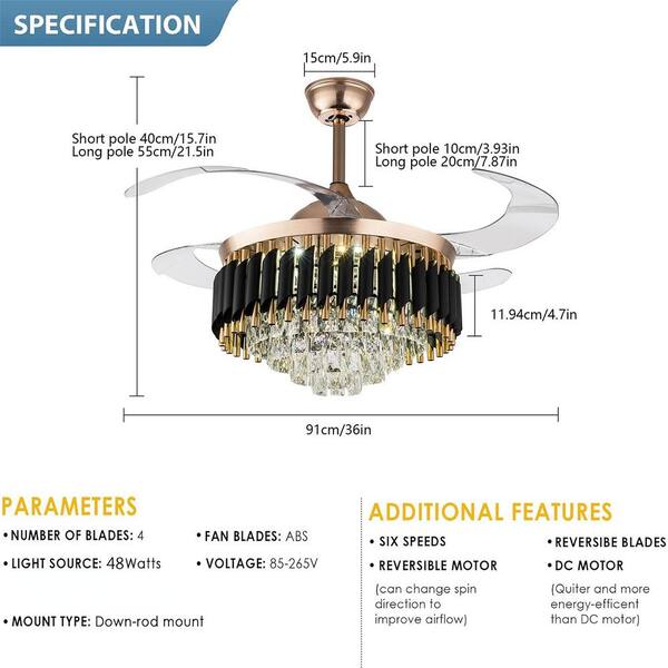 OUKANING 36 in. Indoor Gold Modern Crystal Retractable