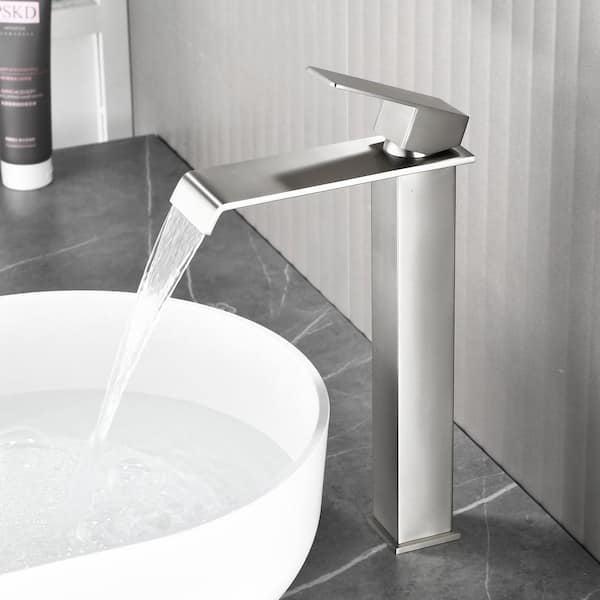 Single Handle Waterfall Vessel Sink Faucet with Pop-Up Drain in Brushed Nickel