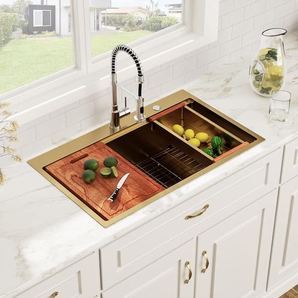 36 in. Drop-in Workstation Sink Single Bowl 16-Gauge Gold Stainless Steel Kitchen Sink with Bottom Grid