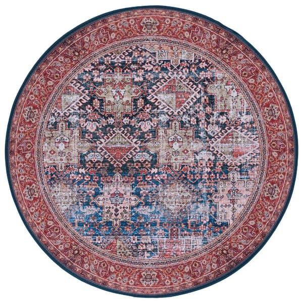 SAFAVIEH Tucson Navy/Rust 8 ft. x 8 ft. Machine Washable Border Geometric Floral Round Area Rug