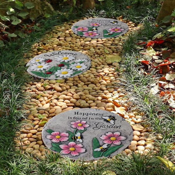 10 in. D Set of 2 Cement Flower Textured Stepping Stones