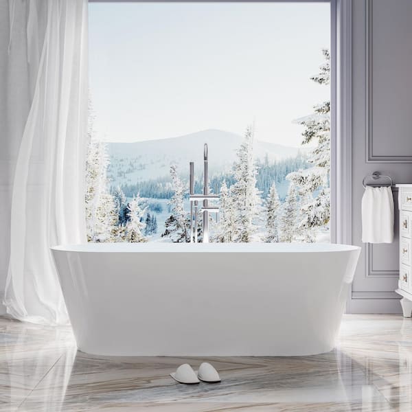 67 in. x 29 in. Acrylic Oval Flat Bottom Freestand Soaking Bathtub with Center Drain in Glossy White