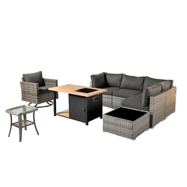 Sanibel Gray 8-Piece Wicker Patio Conversation Sofa Set with a Swivel Chair, a Storage Fire Pit and Black Cushions