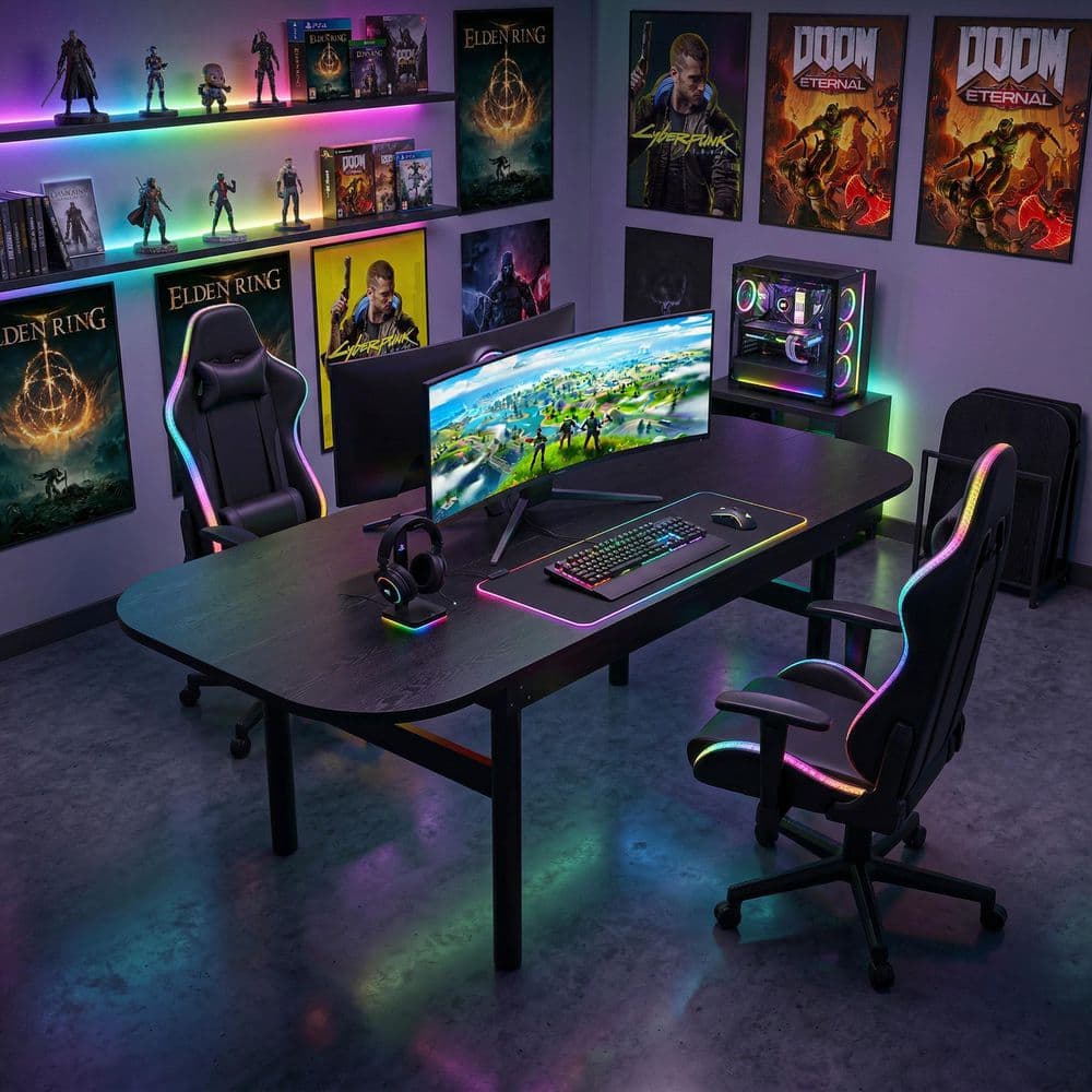 83.86 in. Rectangular Black Wood 0-Drawer Desk with Thick Tabletop and Reinforced Frame for Home Office or Gaming