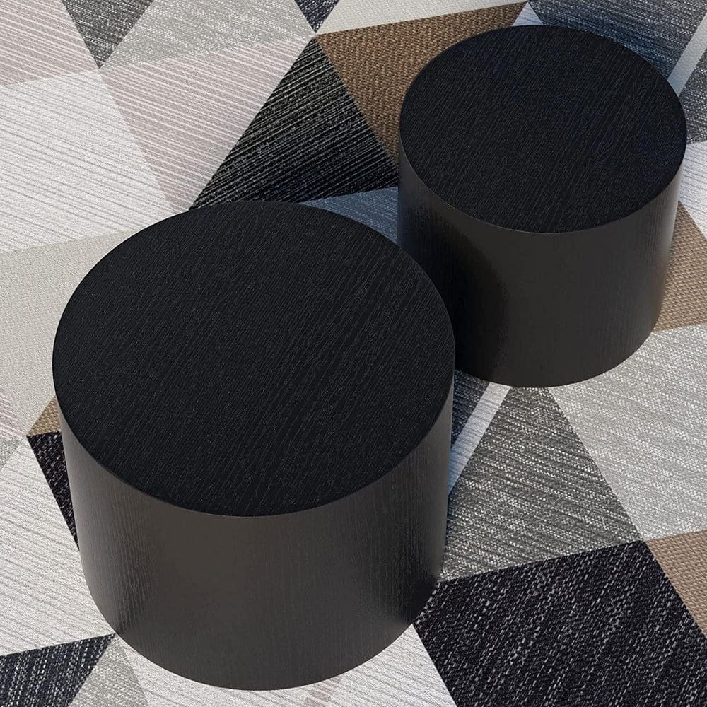 Matte Black Round Wood Nesting Coffee Table Set, 2 Pieces
