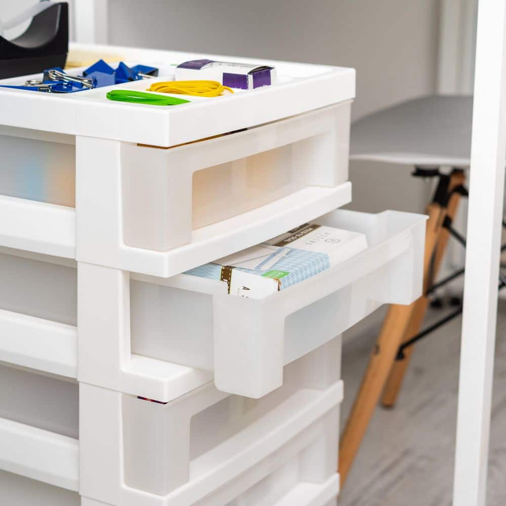 White 5-Drawer Plastic Storage Tower with Organizer Top