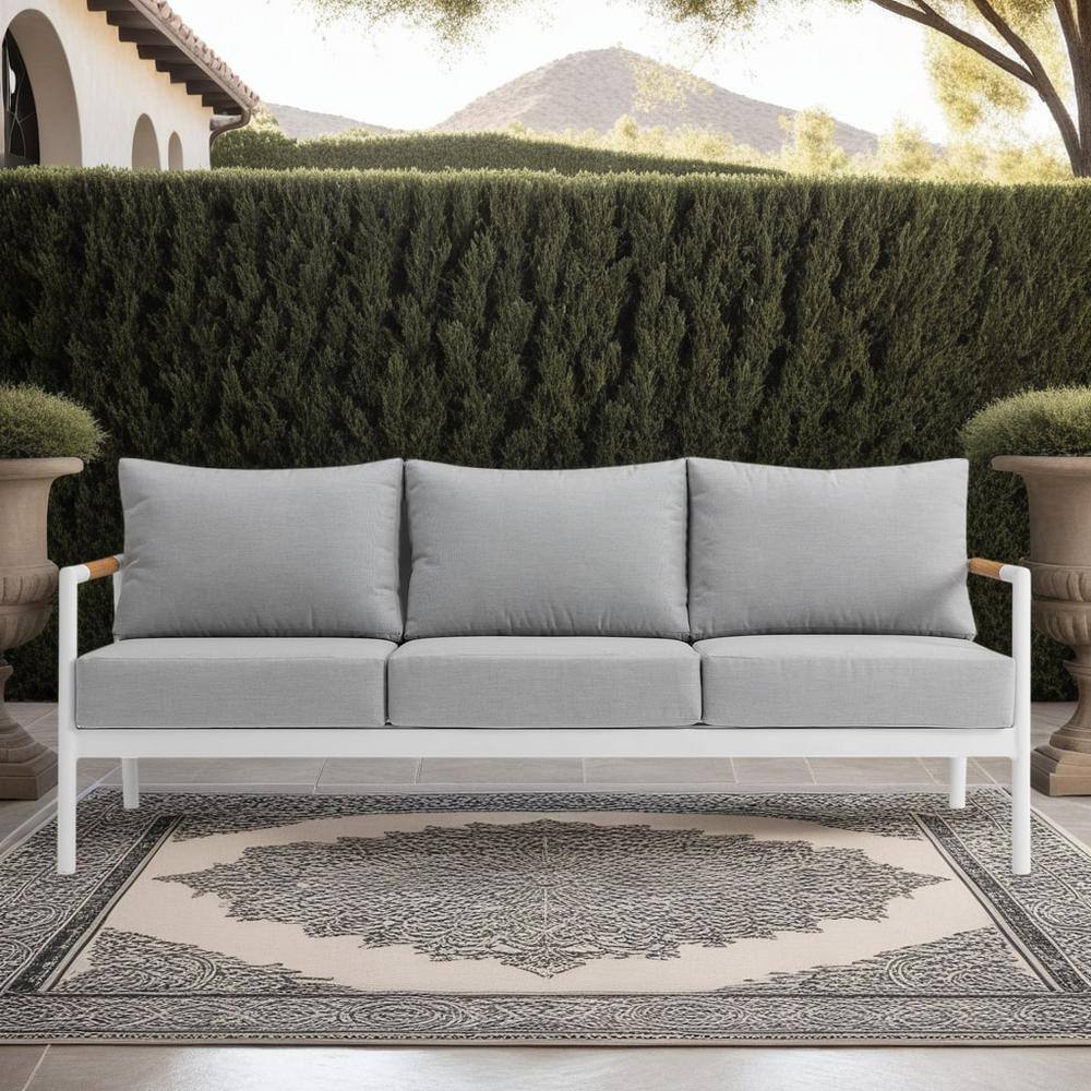 Crown 78" White Aluminum and Teak Wood Outdoor Sofa Set