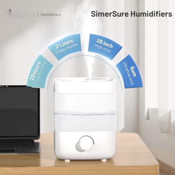 0.6 Gallon White 2. 4L Top Fill Air Humidifier, Quiet Cool Mist for Bedroom & Nursery, Auto Shut-Off, Lasts 30H