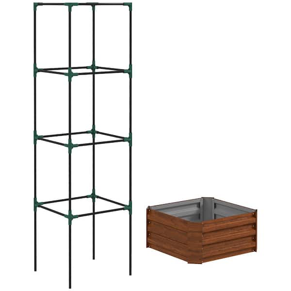 Otryad 24 in. x 24 in. x 12 in. Brown Galvanized Raised Garden Bed Outdoor Planter Box with Trellis Tomato Cage and Open Bottom
