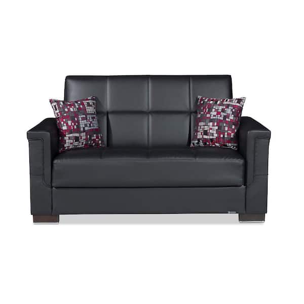 Ottomanson Basics Pro Collection Convertible 63 in. Black Faux Leather 2-Seater Loveseat with Storage