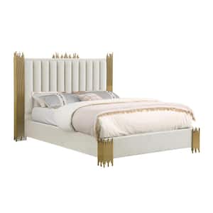 Clarisse Beige/Cream Velvet Fabric Upholstered Wood Frame Queen Platform Bed With Gold Stainless Steel Legs