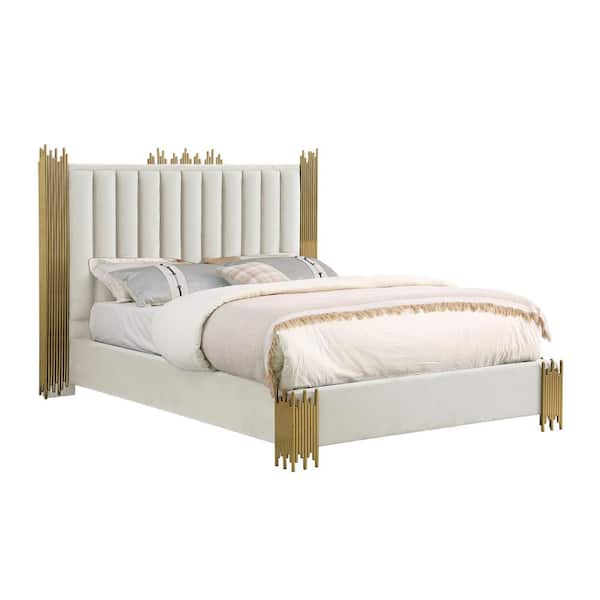 Best Quality Furniture Clarisse Beige/Cream Velvet Fabric Upholstered Wood Frame Queen Platform Bed With Gold Stainless Steel Legs