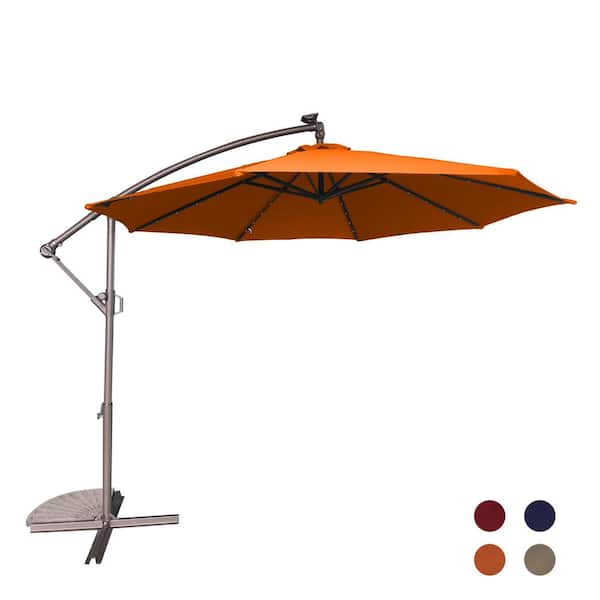 Mondawe 10 ft. Steel Pole Solar LED Patio Cantilever Umbrella 2-Way Stop Slip Crank Design Outdoor Umbrella in Orange