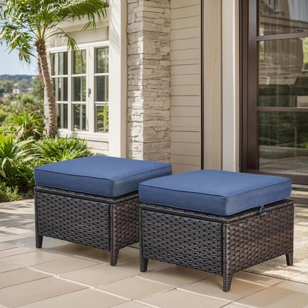 Brown Wicker Outdoor Ottoman with Blue Cushions (2-Pack)