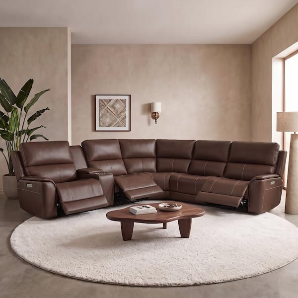 123 in. Genuine Leather Triple Power Wide Sectional with Zero Gravity & 1 Console, 1 Power Armlesschair, Dark Brown