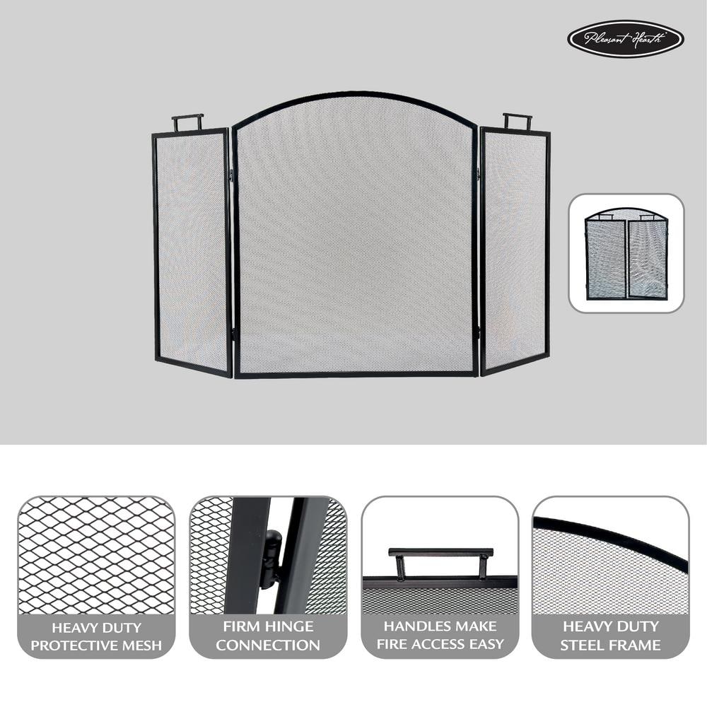 Classic Black Steel Three-Panel Fireplace Screen with Mesh
