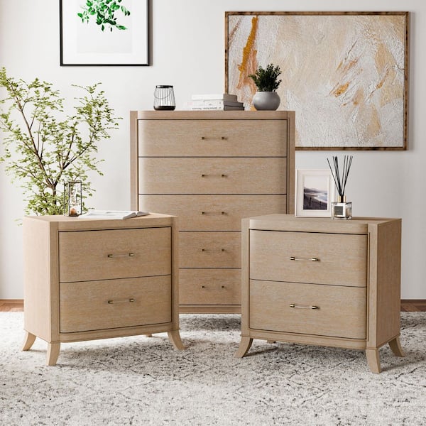 Ellington 3-Piece Natural Oak 2 Drawer 30 in. W Set of 2 Nightstands and Chest with Soft Curved Edges