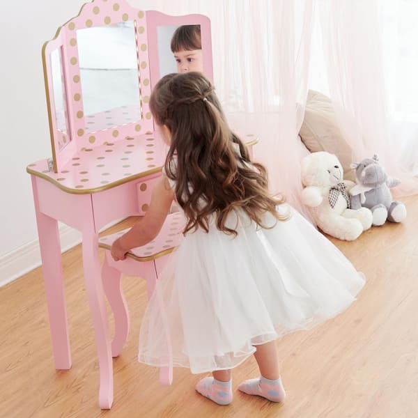 Teamson Kids Fantasy Gisele Prints Mirror LED Set Fashion Dot Vanity - Play Home Depot with The Polka Light Pink/Rose Fields TD-11670LL - Gold