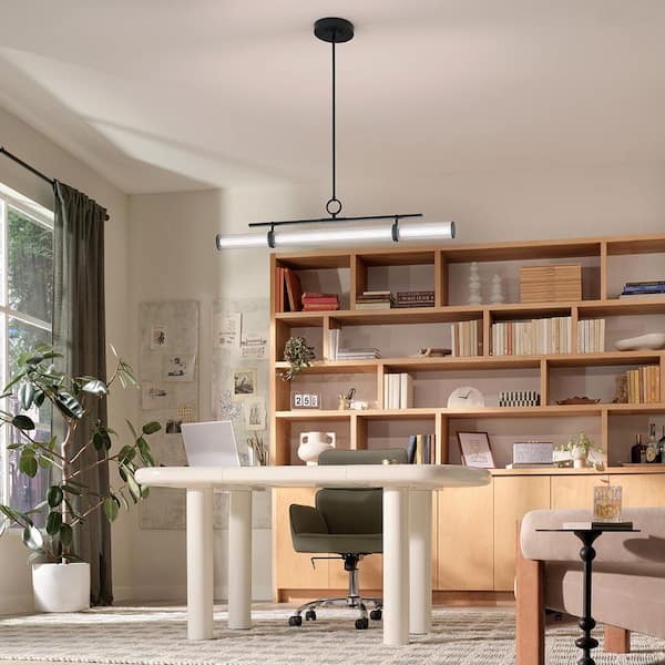 Riven 48.25 in. LED 1-Light Black Updated Traditional Dining Room Linear Chandelier with Clear Fluted Glass