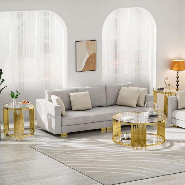 20 in. Clear Round Glass Coffee Table with Tempered Glass&Gold Legs, 2-Tier Stainless Steel Center Table for Living Room